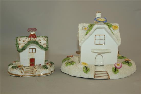 Two Staffordshire porcelain two section pastille burners, c.1835, 9cm and 12cm